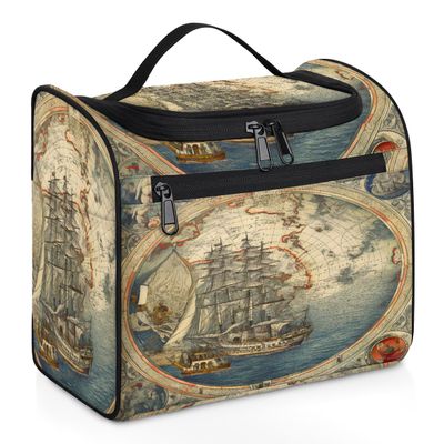 Adornori Vintage Sailing Ship Nautical Travel Toiletry Bag for Men and Women, Large Hanging Makeup Bag Organizer Toiletries Bag for Travel, Cosmetic Bag with Handle