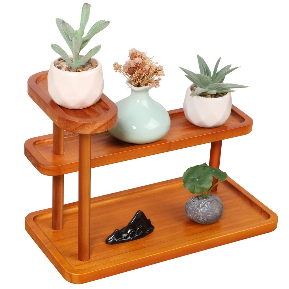 3 Tier Solid Wooden Display Stand, Vanity Organizer and Storage, Wooden Countertop Perfume Display Stand for Skincare, Makeup, Cosmetics, Perfume Bathroom Vanity, 32 x 16 x 22.4 cm, Retro color