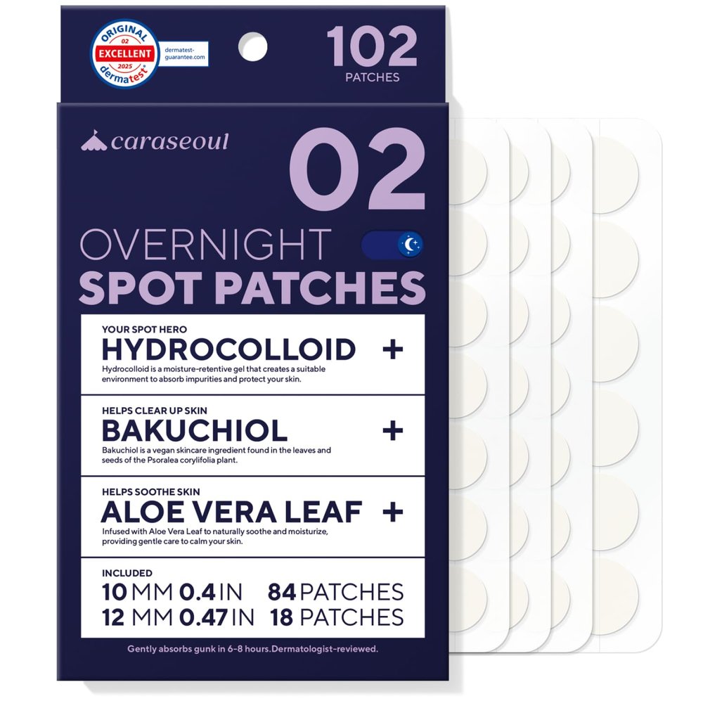 caraseoul Overnight Pimple Patches, Thicker & Extra Adhesion, 2 Size Hydrocolloid Acne Patch for Zits and Blemishes, Bakuchiol & Aloe Vera, Korean Skin Care, Easy to Use  Dermatology Tested