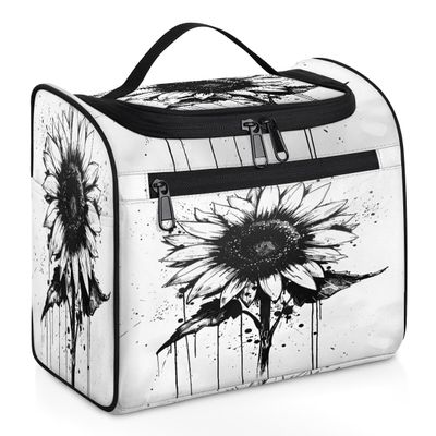 Adornori Sunflower Black Travel Toiletry Bag for Men and Women, Large Hanging Makeup Bag Organizer Toiletries Bag for Travel, Cosmetic Bag with Handle