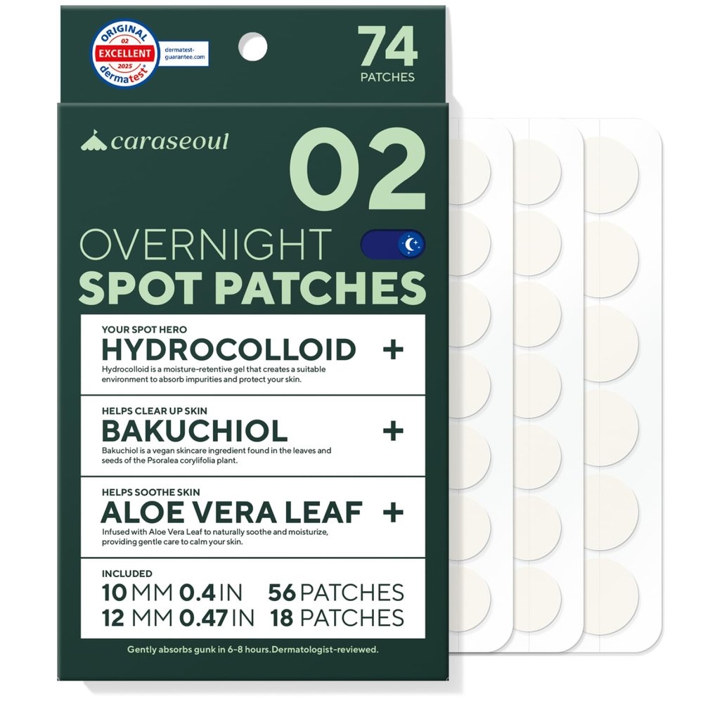caraseoul Overnight Pimple Patches, Thicker & Extra Adhesion, 2 Size Hydrocolloid Acne Patch for Zits and Blemishes, Bakuchiol & Aloe Vera, Korean Skin Care, Easy to Use Dermatology Tested