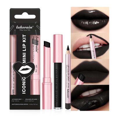 3PCS Black Lip Liner and Lipstick Set  Bold Matte Lipstick, Precision Liner & High-Shine Gloss for Gothic, Halloween, Cosplay & Editorial Looks  Long-Lasting, Smudge-Proof Lip Makeup Kit (Black)