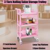 3 Tiers Rolling Salon Storage Trolley Cart, Salon Station Trolley with Drawers & 2 Garbage Baskets, Movable Beauty Organizer Cabinet with Wheels for Barber Hairdressing SPA Tattoo (Pink) view 2
