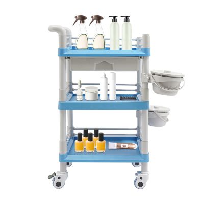 3 Tiers Rolling Salon Storage Trolley Cart, Salon Station Trolley with Drawers & 2 Garbage Baskets, Movable Beauty Organizer Cabinet with Wheels for Barber Hairdressing SPA Tattoo (Blue)