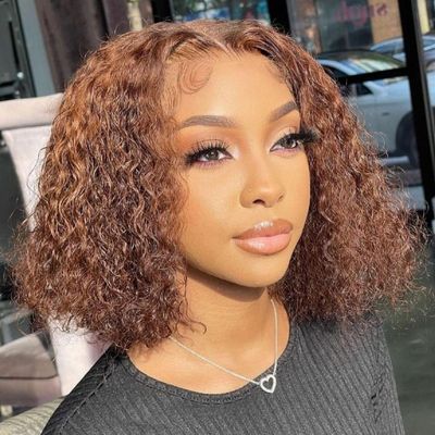 12 Inch Deep Curly Bob Wig Human Hair 13x4 Curly Human Hair Wig 200% Density Highlight Ombre Lace Front Wigs Human Hair Pre Plucked Bob Wigs for Women 4/27 Deep Wave Wig