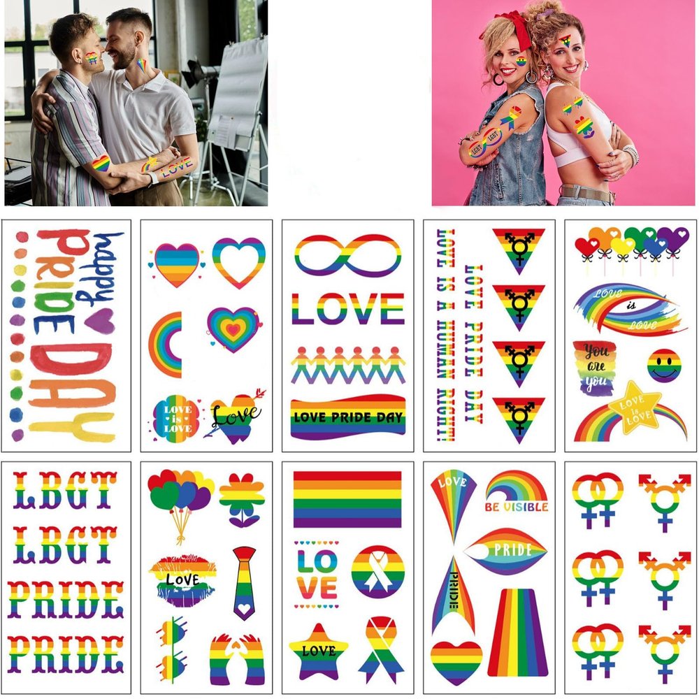 10 Pcs Pride Temporary Tattoos - Rainbow Heart, Balloon, LOVE, Hand Design for LGBTQ+ Celebration, Gay Pride Parade, Festival, Party, Waterproof Fake Tattoo Stickers for Women Men Kids