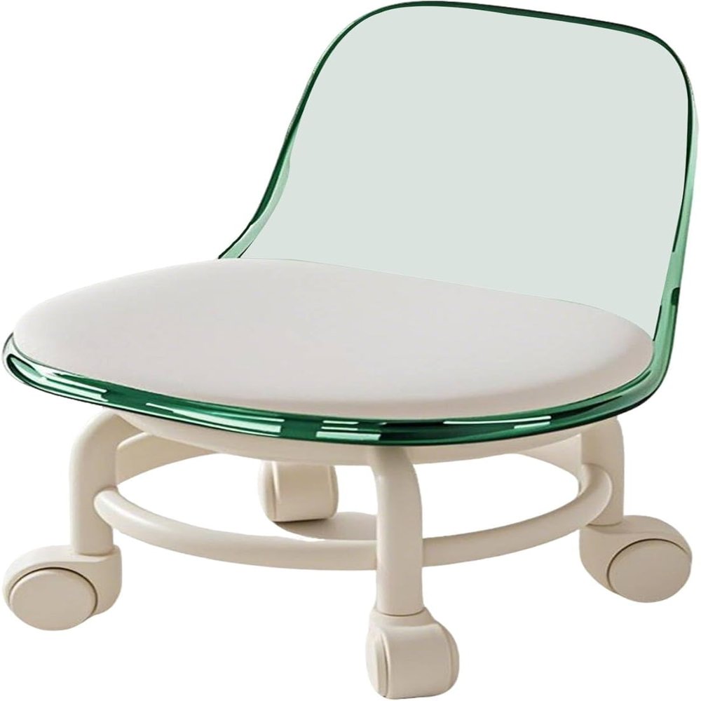 Acrylic Pulley Chair Low Stool with Backrest - Ergonomic Design & 360 Swivel Wheels for Home Cleaning, Office, Salon - Comfortable Rolling Seat for Adults (Green)