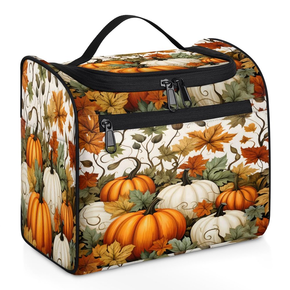 Adornori Pumpkin Fall Travel Toiletry Bag for Men and Women, Large Hanging Makeup Bag Organizer Toiletries Bag for Travel, Cosmetic Bag with Handle