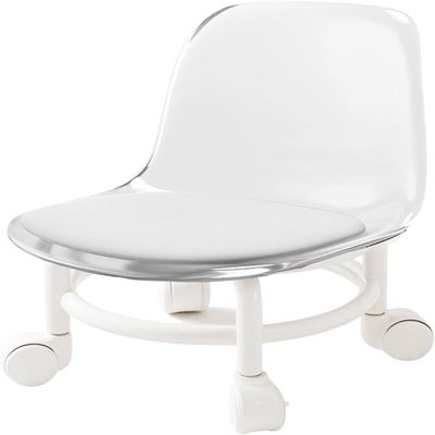 Acrylic Pulley Chair Low Stool with Backrest - Ergonomic Design & 360 Swivel Wheels for Home Cleaning, Office, Salon - Comfortable Rolling Seat for Adults (White)