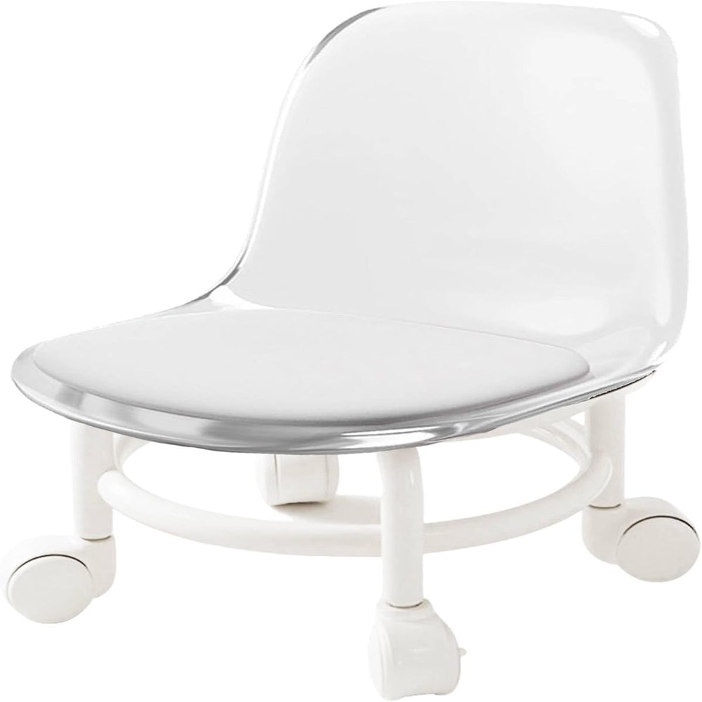 Acrylic Pulley Chair Low Stool with Backrest - Ergonomic Design & 360 Swivel Wheels for Home Cleaning, Office, Salon - Comfortable Rolling Seat for Adults (White)