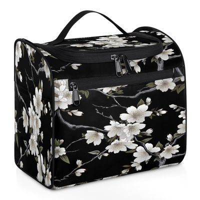 Adornori White Flowers Travel Toiletry Bag for Men and Women, Large Hanging Makeup Bag Organizer Toiletries Bag for Travel, Cosmetic Bag with Handle