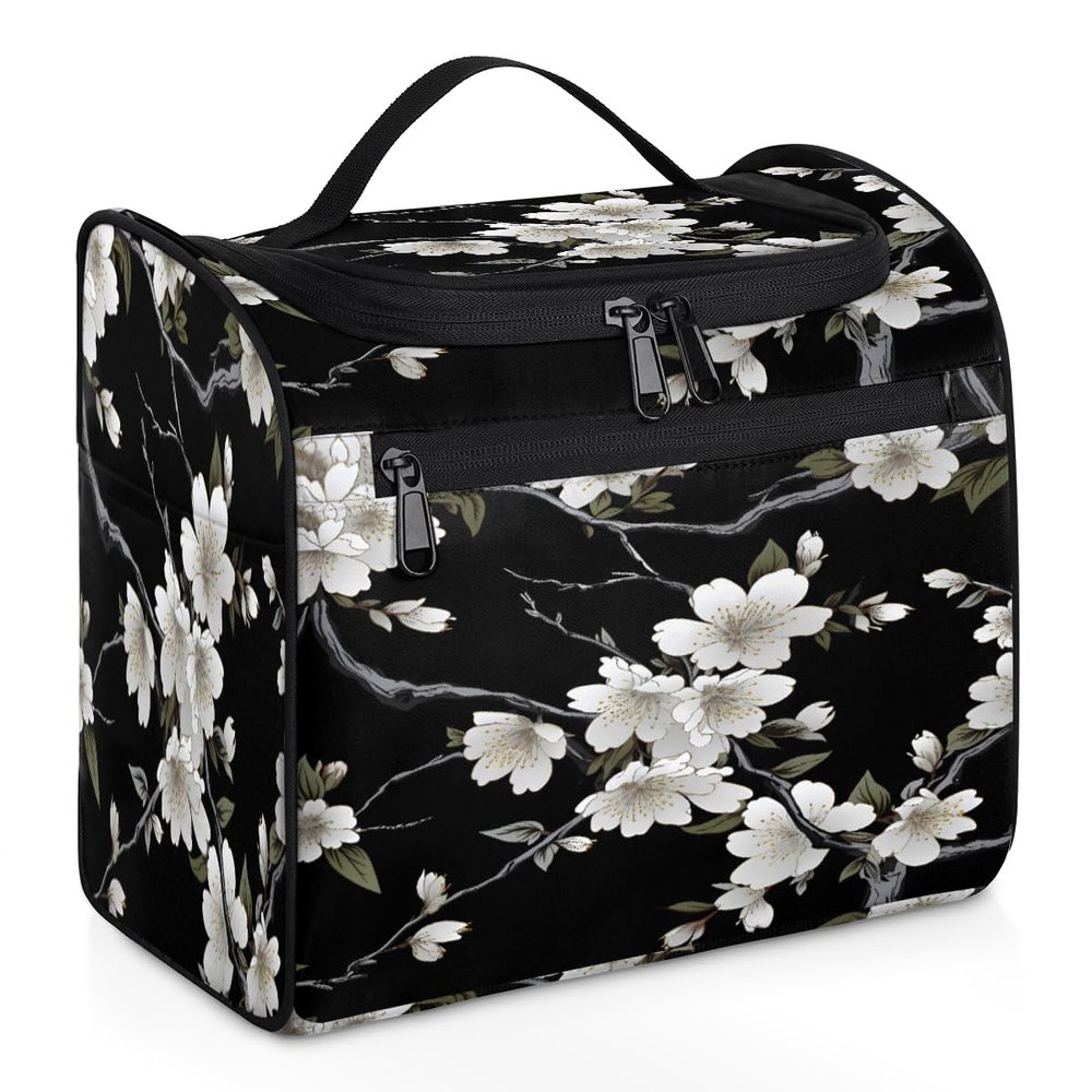 Adornori White Flowers Travel Toiletry Bag for Men and Women, Large Hanging Makeup Bag Organizer Toiletries Bag for Travel, Cosmetic Bag with Handle