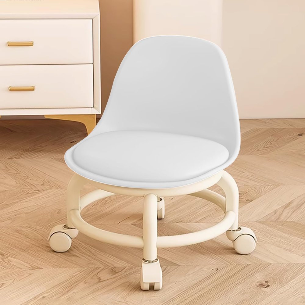 Acrylic Pulley Chair Low Stool with Backrest - Ergonomic Design & 360 Swivel Wheels for Home Cleaning, Office, Salon - Comfortable Rolling Seat for Adults (Pure White)