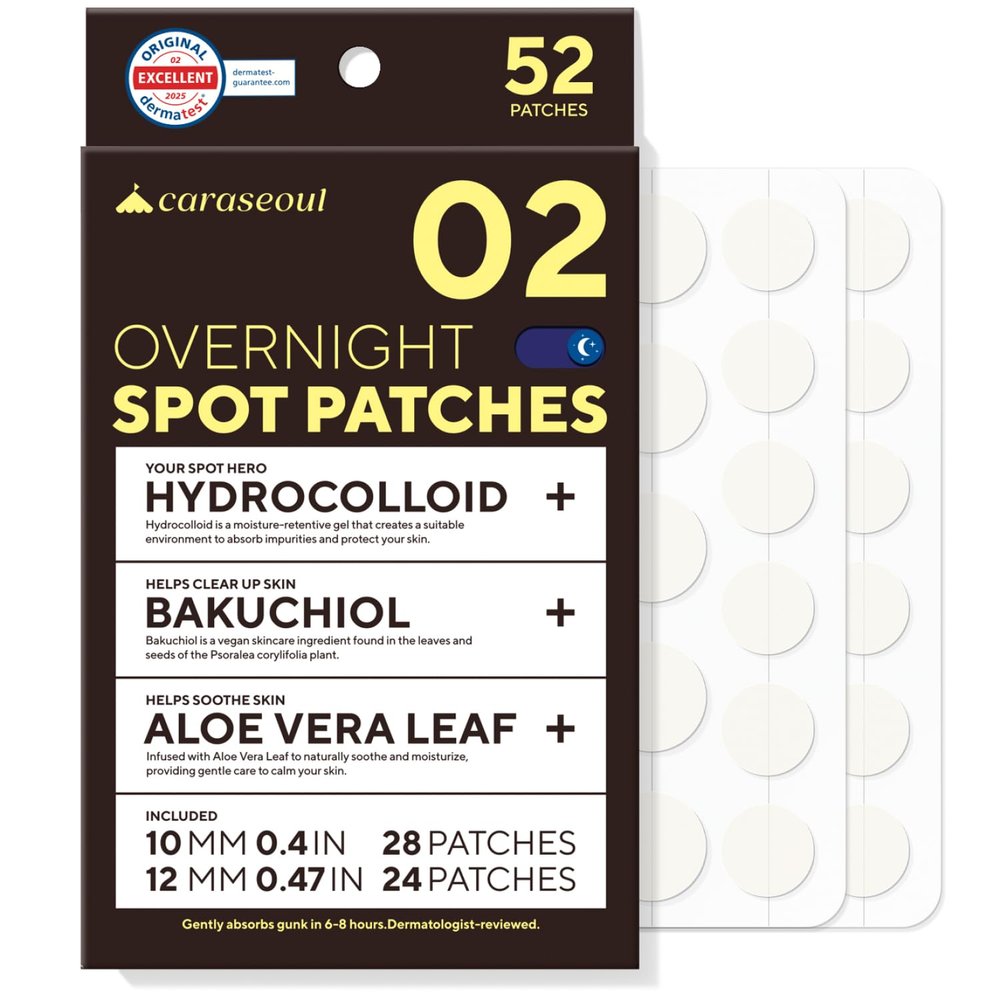 caraseoul Overnight Pimple Patches, Thicker & Extra Adhesion, 2 Size Hydrocolloid Acne Patch for Zits and Blemishes, Bakuchiol & Aloe Vera, Korean Skin Care, Easy to Use Dermatology Tested