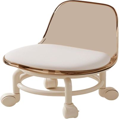 Acrylic Pulley Chair Low Stool with Backrest - Ergonomic Design & 360 Swivel Wheels for Home Cleaning, Office, Salon - Comfortable Rolling Seat for Adults (Brown)
