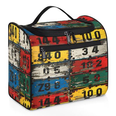 Adornori Vintage License Plate Numbers Travel Toiletry Bag for Men and Women, Large Hanging Makeup Bag Organizer Toiletries Bag for Travel, Cosmetic Bag with Handle