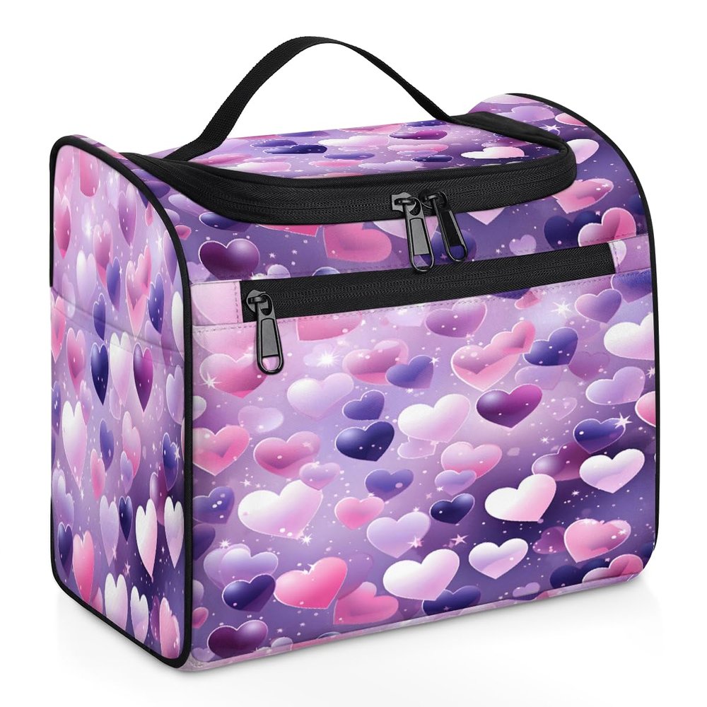 Adornori Valentine's Day Pink Purple Heart Travel Toiletry Bag for Men and Women, Large Hanging Makeup Bag Organizer Toiletries Bag for Travel, Cosmetic Bag with Handle