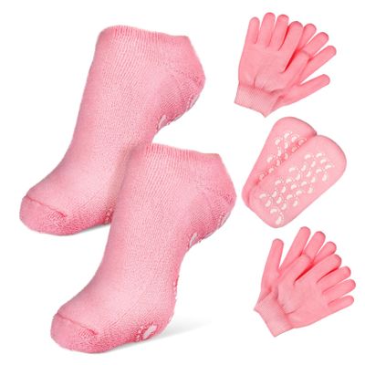 DECOMELODY Spa Moisturizing Socks and Gloves Set 2 Pairs Pink Hydrating Foot Care and Skin Care Comfortable Moisturizing Socks for Dry Skin for Home Use