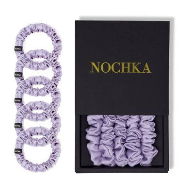 Mulberry Silk Scrunchies for Women - Premium Ultra Thin Silk Hair Scrunchies for All Hair Types Solid (5 Pack) - Made in USA Silk Hair Ties - Silk Scrunchie Set for Frizz Prevention (Lavender)