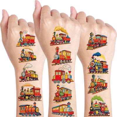10 Sheets Train Temporary Tattoos for Kids Birthday Party Supplies, Steam Train Railroad Themed Stickers, Classroom Rewards, Carnival Prizes, Vintage Cartoon Decorations Gifts for Boys Girls