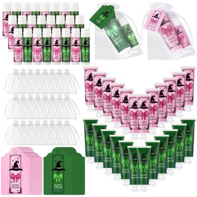 Demissle 24 Sets Pink and Green Witch Theme Party Decorations Bulk Hand Cream and Lip Balm Gifts Sets Travel Size Hand Lotion Lip Balm Bulk with Organza Bag and Tag Princess and Witch Birthday Party