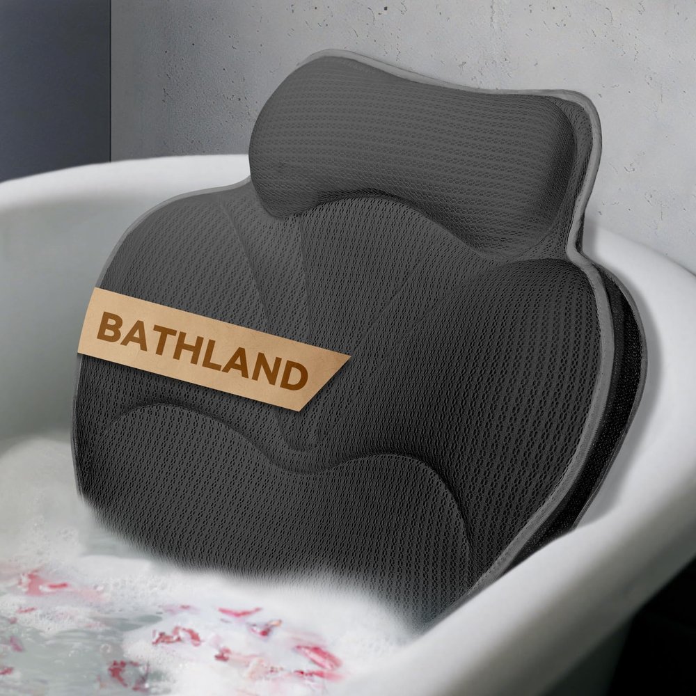 Bathland Bath Pillows for Tub - Luxury Bathtub Pillow Neck, Head, Back Support, Soft 4D Mesh Fabric and Non-Slip Suction Cups & Quick Dry, Comfort Fits All Tubs, Relaxation Spa Gift, Grey