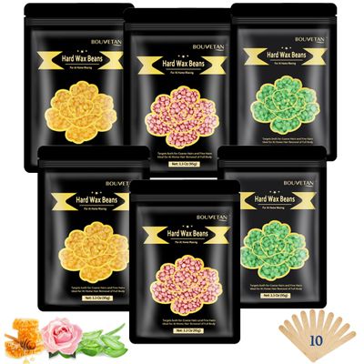 Bouvetan Wax Beads for Hair Removal 6 Packs, 21oz Gentle, Effective Hard Waxing Beads for Smooth Skin Bikini, Eyebrow, Face, Legs, Full Body Waxing