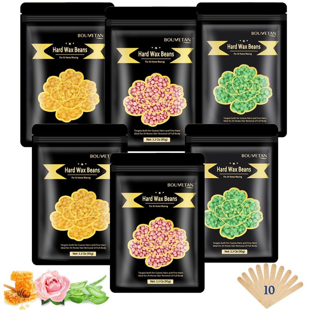 Bouvetan Wax Beads for Hair Removal  6 Packs, 21oz  Gentle, Effective Hard Waxing Beads for Smooth Skin Bikini, Eyebrow, Face, Legs, Full Body Waxing