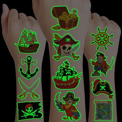 96 PCS Pirate Pre-Cut Luminous Glow in the dark Temporary Tattoos for Kids