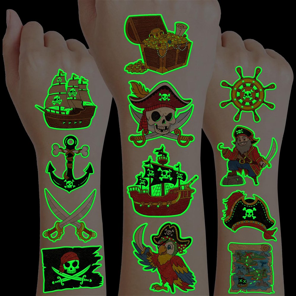 96 PCS Pirate Pre-Cut Luminous Glow in the dark Temporary Tattoos for Kids