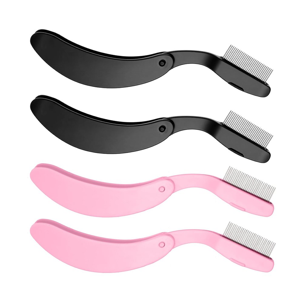 4 Pcs Folding Eyelash Comb, Eyelash Comb, Eye lash Separator Tool, Lash and Brow Makeup Applicator Brush, Folding Eyelashcomb Separator with Stainless Steel for Eyelashes Makeup Extensions(Black,Pink)