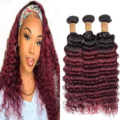 BilltiiWW Ombre 1B99j Deep Wave Bundles Two Tone Black Mixed With 99j Deep Wave Bundles Brazilian Human Hair Weave Soft and Silky for Women 16 18 20 Inch