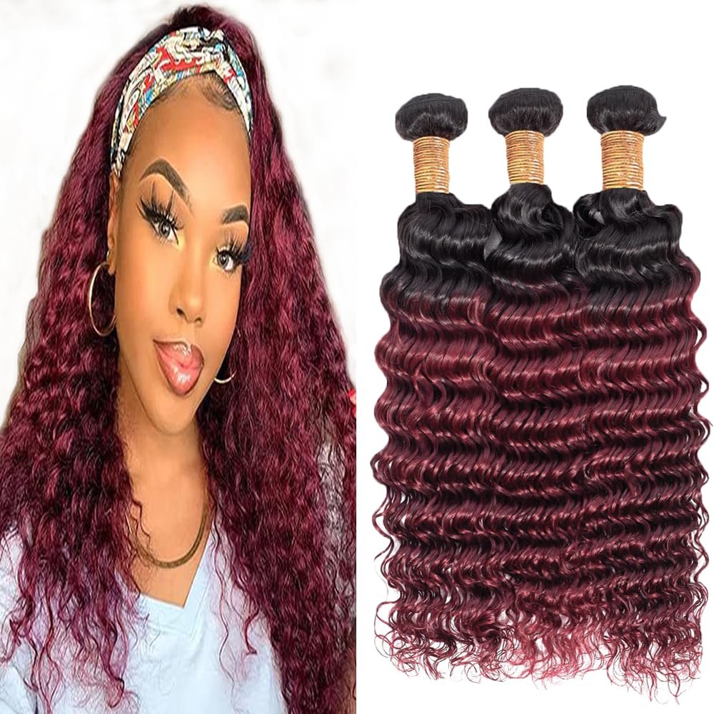 BilltiiWW Ombre 1B99j Deep Wave Bundles Two Tone Black Mixed With 99j Deep Wave Bundles Brazilian Human Hair Weave Soft and Silky for Women 16 18 20 Inch