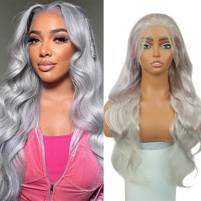 13x6 Grey Lace Front Wigs Human Hair Body Wave 28 Inch 250% Density Pre Plucked with Baby Hair for Women Natural Hairline, Daily & Party Use Silver Grey Body Wave Wig