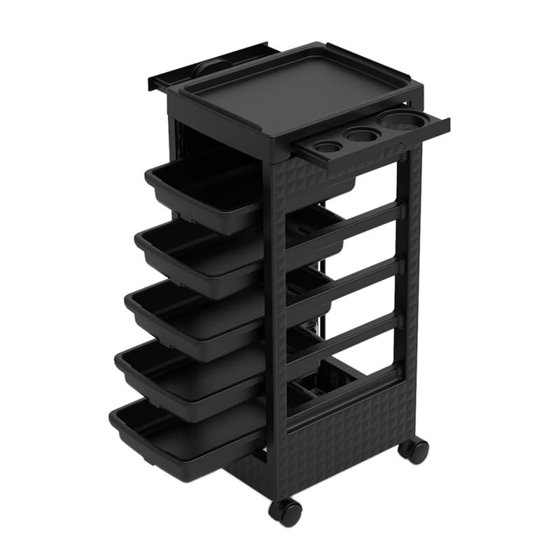 Salon Rolling Trolley on Wheels with 5 Drawers/Heat-Resistent Accessories/Stainless Steel Frame Storage Tool for Barbershop Beauty Spa and Hair Salon Beauty (Black-T27)