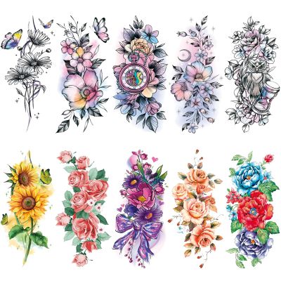 10 Sheet Colorful Flower Realistic Temporary Tattoo for Women Arm Thigh, Large Sexy Watercolor Butterfly Sunflower Floral Fake Tattoo Sticker Adult Girl, Vivid Daisy Peony Temp Tatoo Leg Chest Body