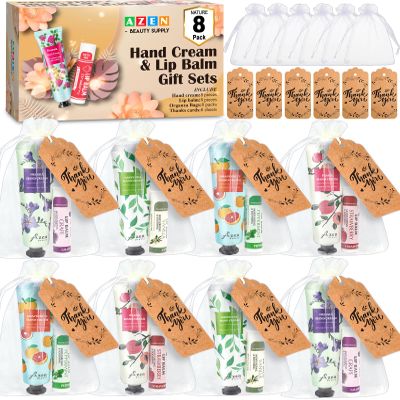 AZEN 8 Sets Bulk Gifts, Hand Cream and Lip Balm Bulk Set with Organza Bag Thank You Card, Baby Shower Wedding Gifts for Guests, Bridal Wedding Favors for Guests,Thank You Gifts for Women