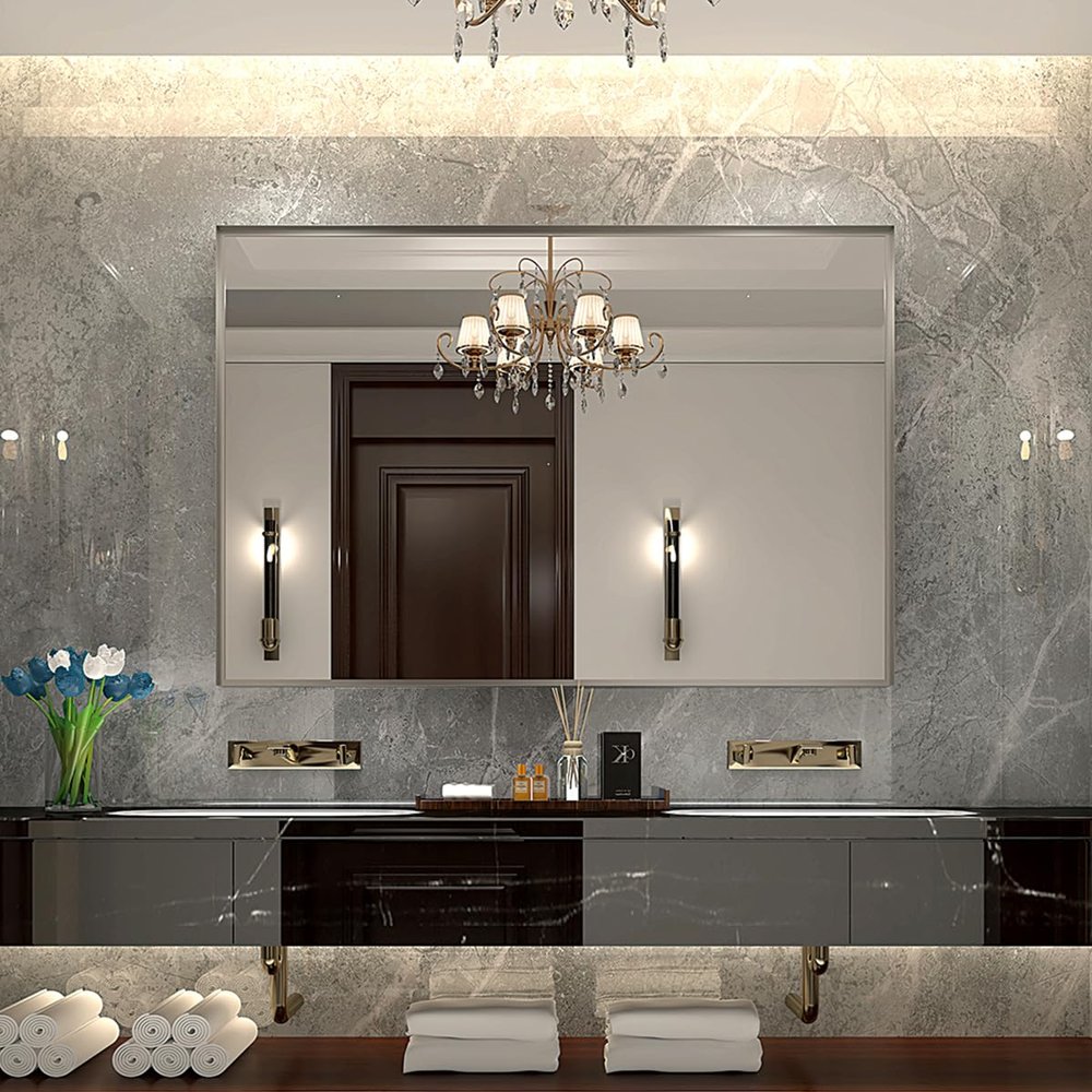 36x24inch Glossy Brushed Silver ed Mirror for Bathroom Rectangular Wall Bathroom Mirror Metal e (Horizontal Vertical) ET910