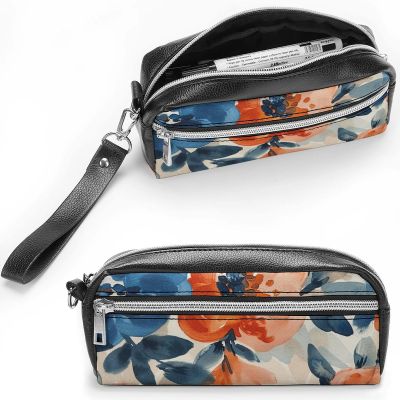NTVOWPZO Leather Pencil Cases Blue Floral Pattern Pen Pouch Travel Cosmetic Bag for Purse Portable Makeup Brush Bag Holder Coin Purse for Women Makeup Case Organizer