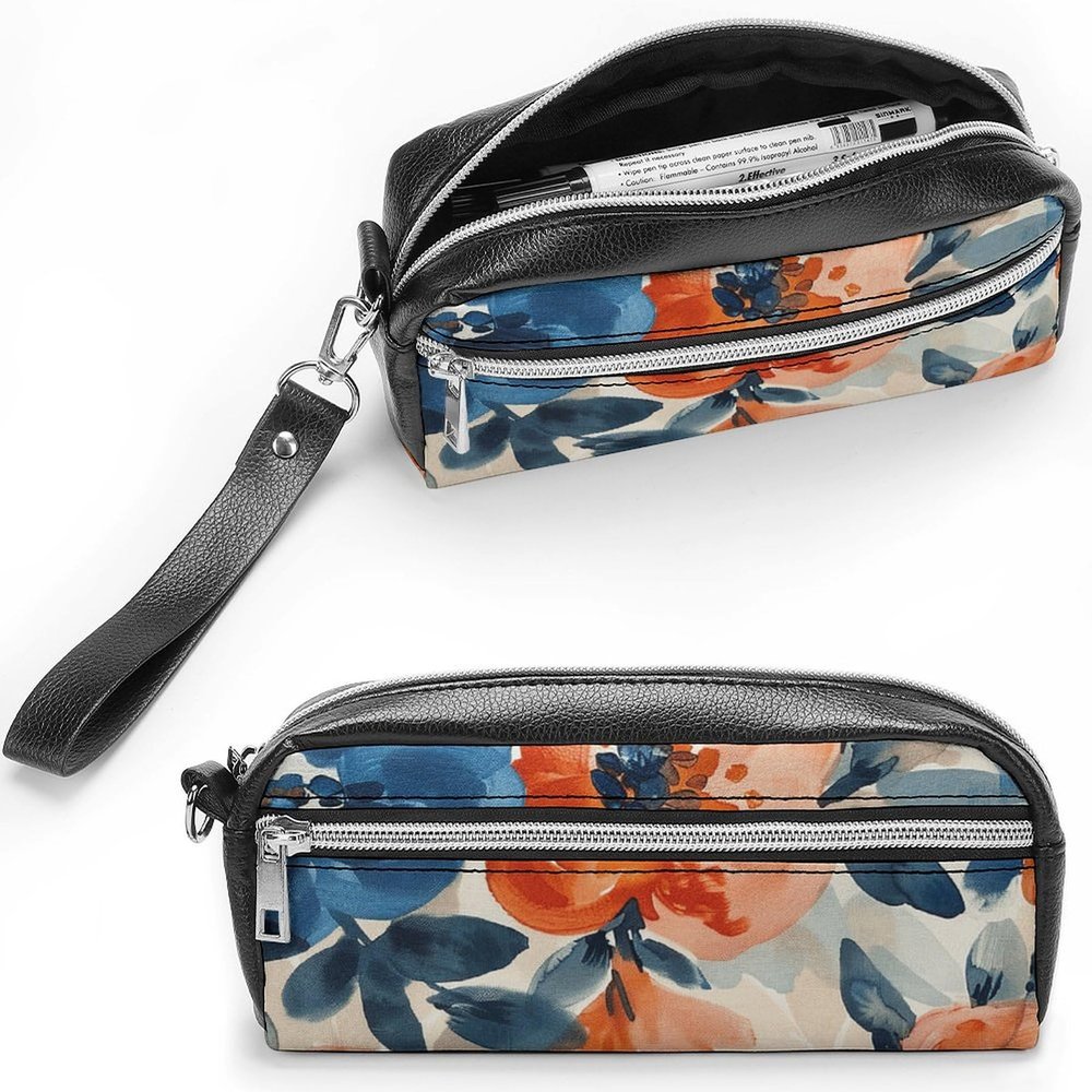 NTVOWPZO Leather Pencil Cases Blue Floral Pattern Pen Pouch Travel Cosmetic Bag for Purse Portable Makeup Brush Bag Holder Coin Purse for Women Makeup Case Organizer