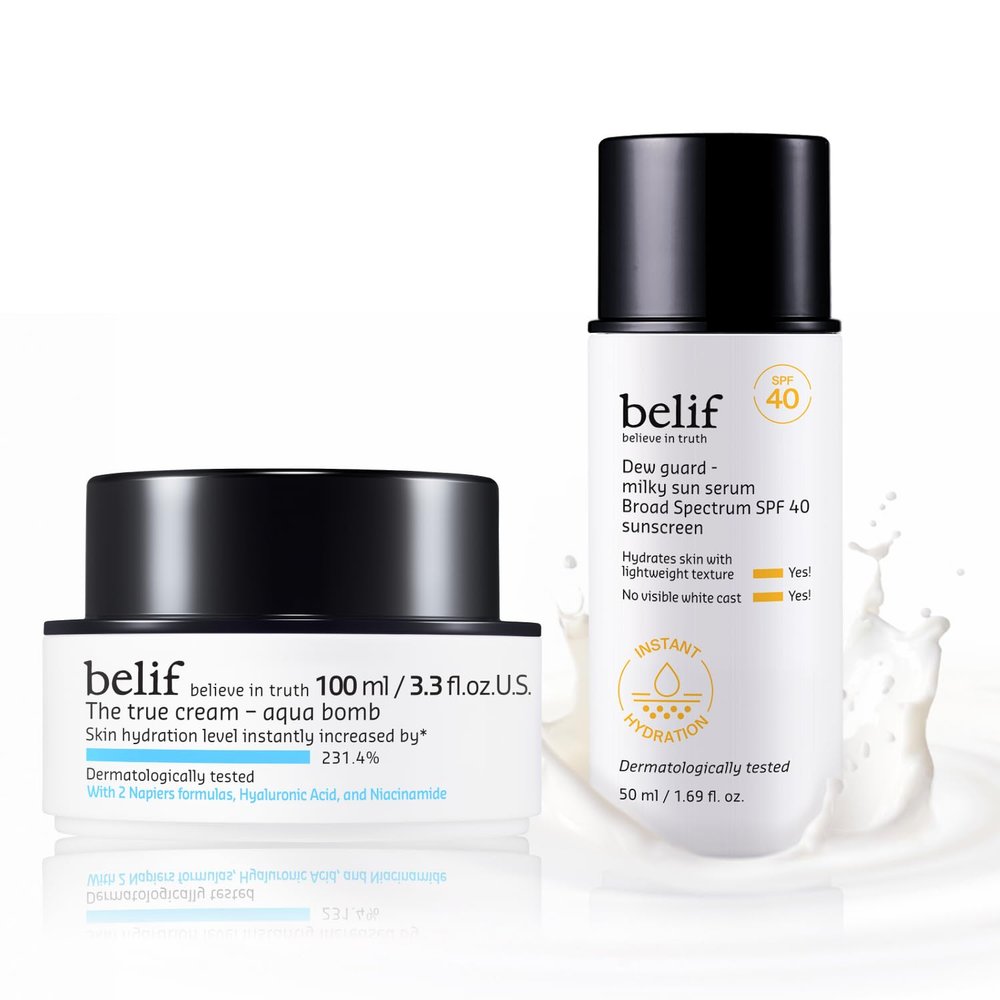 Belif Aqua Sun Serum Duo - Hydration & SPF Skincare Set | Lightweight Gel Cream Moisturizer (100ml) & Milky Niacinamide Sun Serum SPF 40, 12hr Moisture, No White Cast, Korean Skin Care