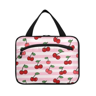 Yoogain Pink White Striped Fruit Cherry hanging travel size toiletries kit with hook, designer waterproof toiletry kit for mom vacation bolso de mano para hombre L