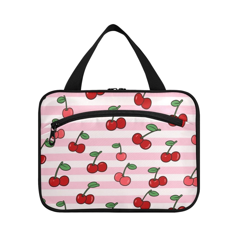 Yoogain Pink White Striped Fruit Cherry hanging travel size toiletries kit with hook, designer waterproof toiletry kit for mom vacation bolso de mano para hombre L