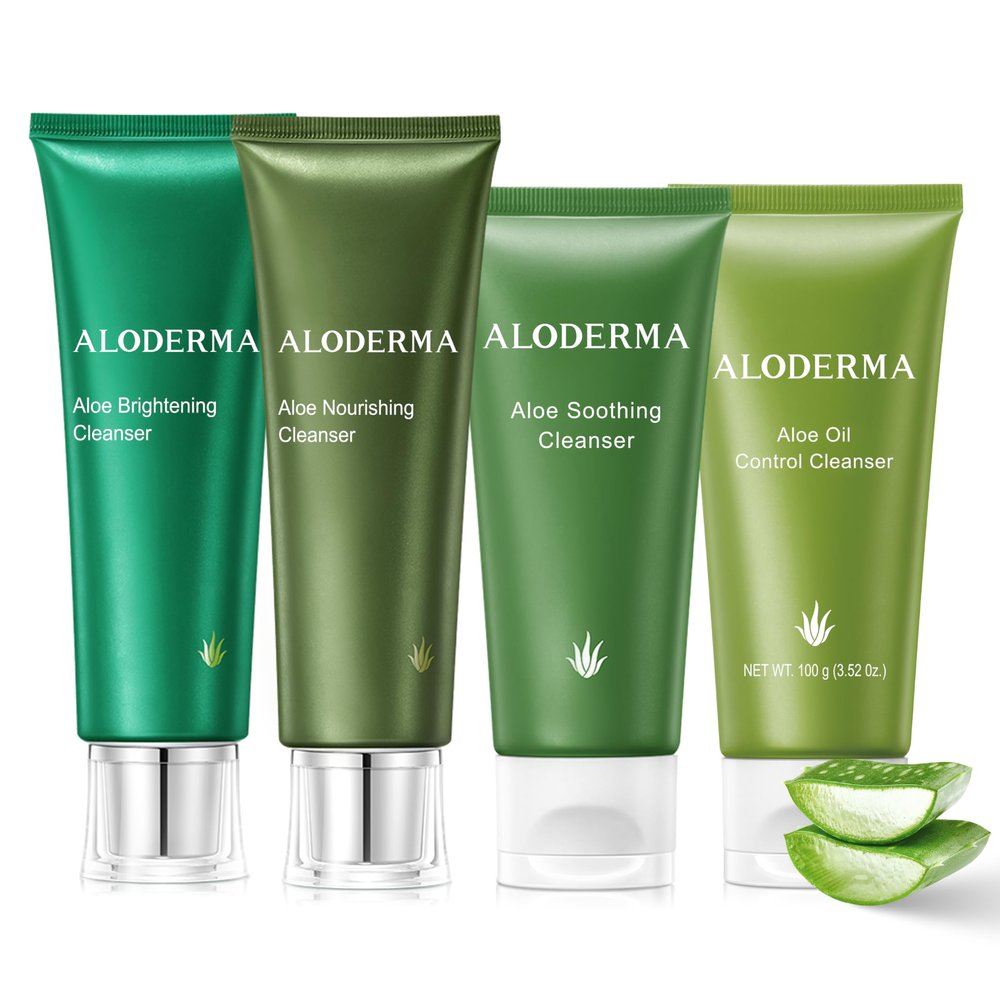 Aloderma Aloe Cleanser Set, 4 Pieces - Nourishing, Soothing, Brightening, Oil Control Cleansers