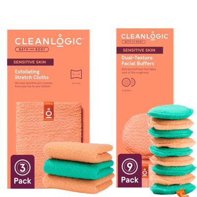 Cleanlogic Daily Skincare Set for Sensitive Skin 3 Exfoliating Body Cloths + 9 Gentle Makeup Remover Facial Pads, Soft Texture for Smoothing & Cleansing
