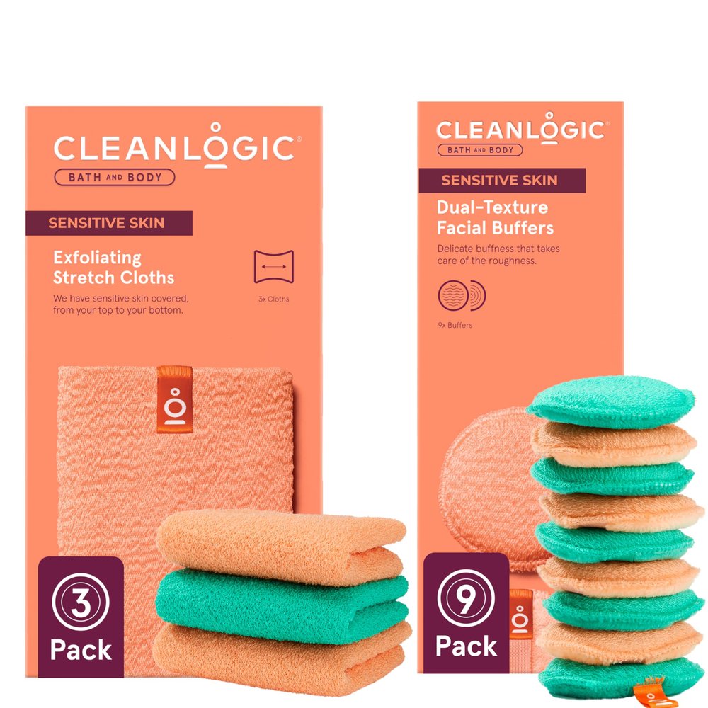 Cleanlogic Daily Skincare Set for Sensitive Skin  3 Exfoliating Body Cloths + 9 Gentle Makeup Remover Facial Pads, Soft Texture for Smoothing & Cleansing