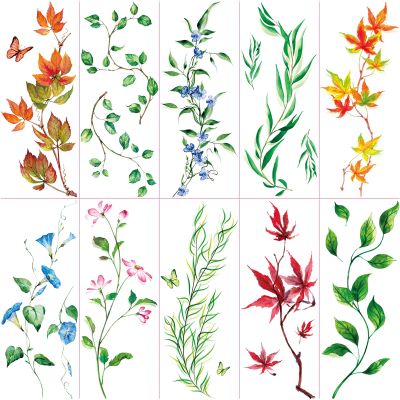 10 Sheet Colorful Plant Realistic Temporary Tattoo for Women Thigh Arm, Large Sexy Green Wild Maple Leaf Floral Fake Tattoo Sticker Adult Girl, Nature Leaves Butterfly Temp Tatoo Leg Chest Back Body