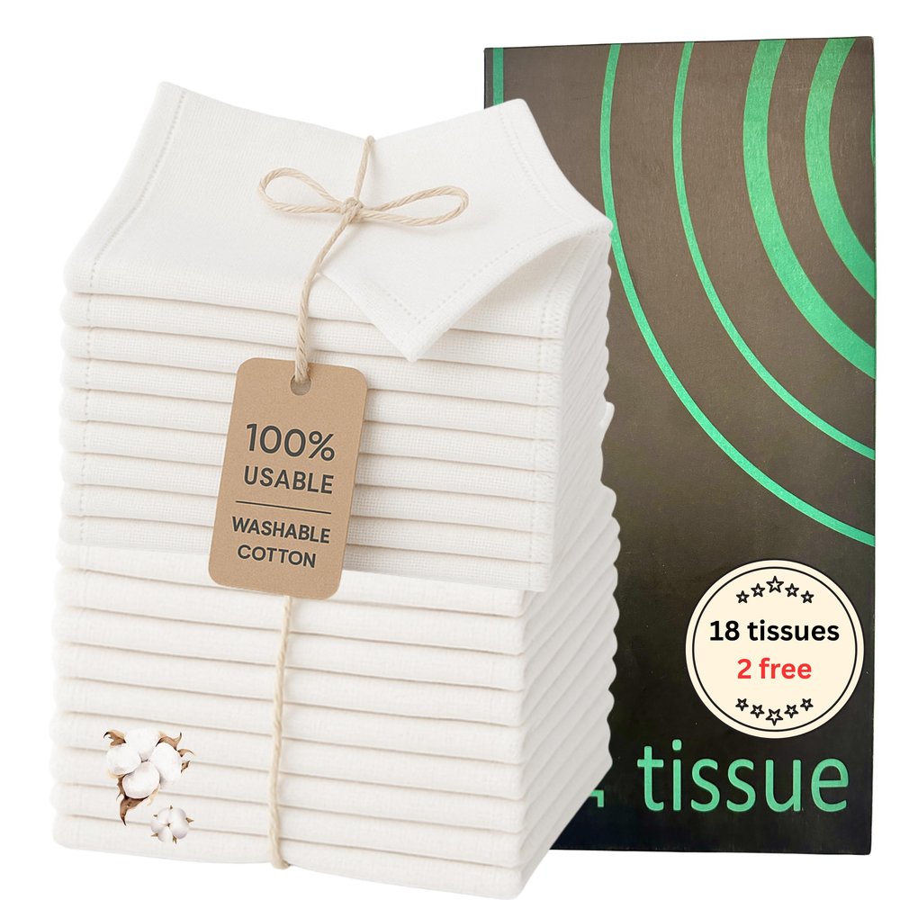 18 Reusable Tissues with 2 extra tissue, Travel Size Cloth Tissue Pack Made of Soft Cotton- Washable Facial White handkerchiefs - Eco Friendly Fabric with Zero Waste Cloths
