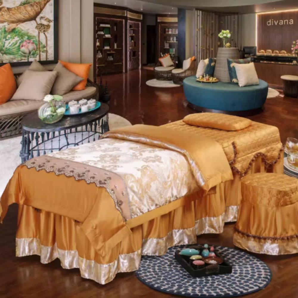 Jidanmian 4-Piece Table Sheet Set with Hole, Massage Salon Bed Bedspread,Lace Lace,Washed Silk Fabric,Embroidery Beauty Bed Cover,for Beauty, Spa(Yellow,72.83x27.56 inches)