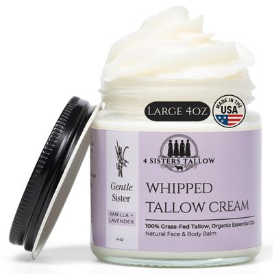 100% Grass Fed Beef Tallow For Face & Skin - All Natural Tallow Face Cream - Whipped Moisturizer Lotion - Made in USA - 100% Organic Essential Oils - Lrg 4 Fl Oz - Gentle Sister (Vanilla Lavender)